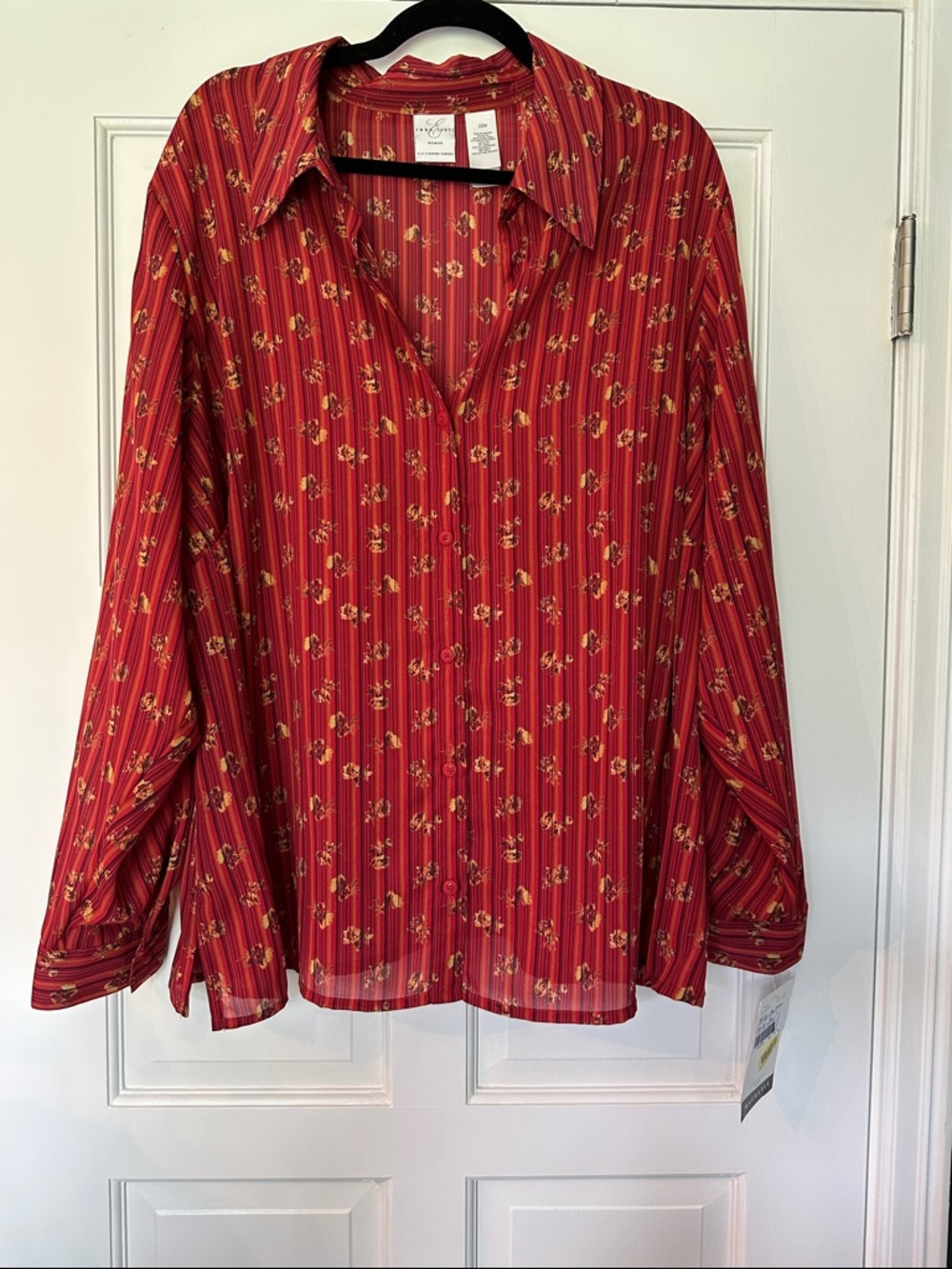 Emma James Red and Gold Striped Floral Button-Front Blouse